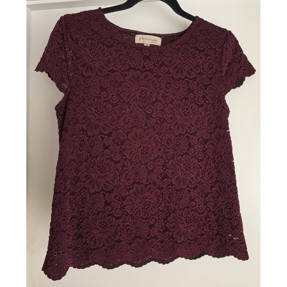 Philosophy Republic Clothing Floral Blouse XS Burgundy Short Sleeve Top Shirt